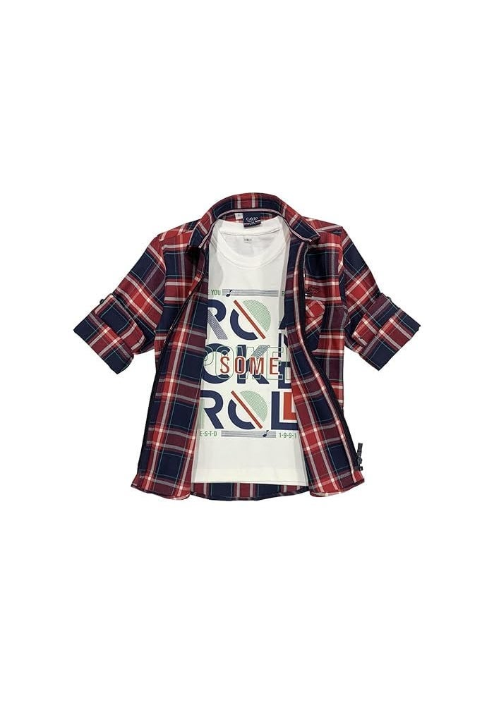 CAVIO Boys Checkered Casual Dark Blue Regular Fit Shirt with Graphic Tee | Pack of 1 - Image 1